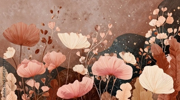 Obraz Stylized floral illustration featuring pastel poppies and wildflowers in warm earthy tones with abstract background elements