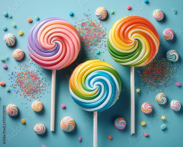Fototapeta Colorful swirl lollipops on a black background, a sweet, fun, and isolated treat on a stick
