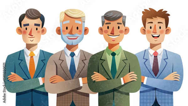 Fototapeta Vector of business professionals standing confidently with arms crossed and smiling. Formal attire, diverse characters, office theme, isolated on white background. Perfect for presentatio
