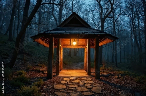Fototapeta Old wooden gazebo at the edge of a forest trail at dusk. Generative AI