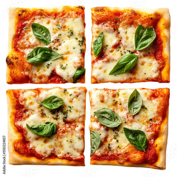 Obraz Delicious square pizzas garnished with fresh basil leaves on a contrasting transparent background