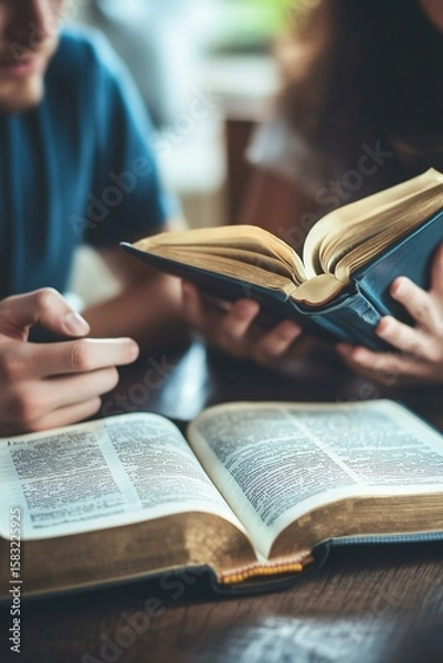 Fototapeta Christian couple or group reading study the bible together and pray at a home or Sunday school at church. concept studying the word of god.