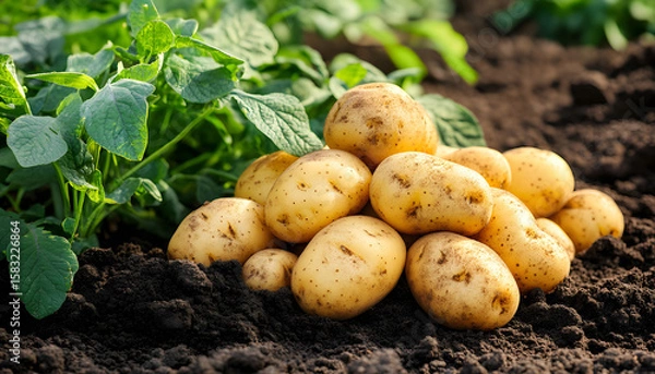 Fototapeta Fresh organic potatoes being harvested directly from the soil in a rural field