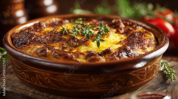 Fototapeta Curried minced meat bobotie in a brown dish with herbs and tomatoes  