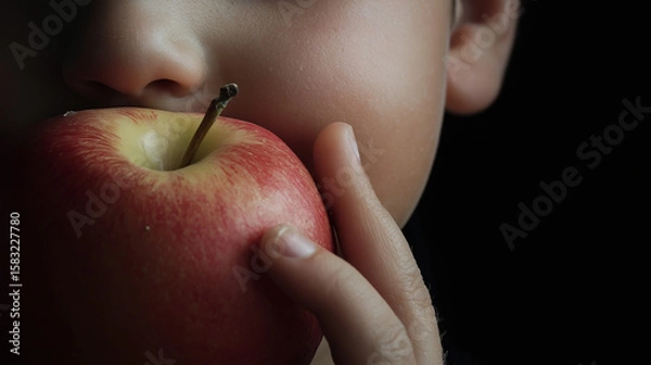 Fototapeta Child holding a red apple with a bite mark in a dark setting  