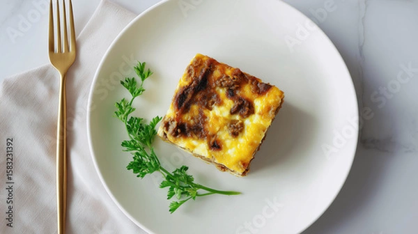 Fototapeta Single serving of bobotie on white plate with garnish of parsley  