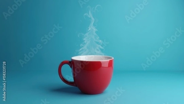Obraz On a blue background there is a red mug above it steam in the form of a Christmas tree
