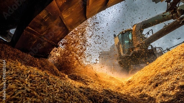 Obraz Harvesting Grain: A high-angle perspective of a combine harvester actively unloading a torrent of golden grain into a full trailer.