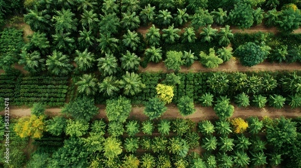 Obraz Aerial View of Lush Forest and Diverse Tree Arrangement: Witness a breathtaking aerial view of a vibrant forest, showcasing an intricately arranged array of diverse trees.
