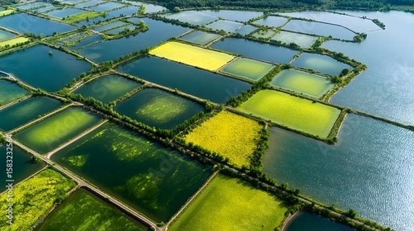 Obraz Aerial view of aquaculture ponds, depicting the vibrant colors of nature's landscape. A harmonious pattern of water bodies interweaves with fields of cultivated crops.