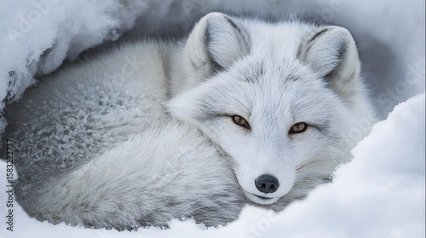Obraz Arctic fox in snow: A majestic arctic fox, with its pure white fur, finds solace in a snowy den, exuding an air of serene tranquility and resilience against the backdrop of a harsh winter environment.