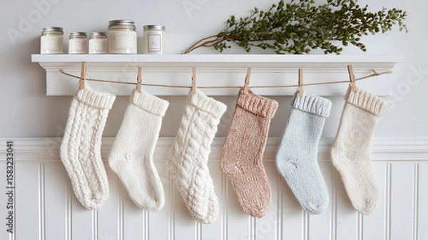 Fototapeta six pastel knit christmas stockings hanging from shelf with plants and jars on top