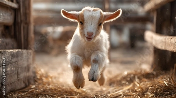 Obraz Energetic Goat in Farmyard: This adorable goat, full of youthful energy, leaps joyfully through the farmyard, bathed in warm sunlight.