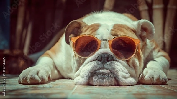 Obraz Cool Bulldog: A relaxed and stylish bulldog sporting sunglasses lounges, capturing a moment of laid-back charm and playful personality.