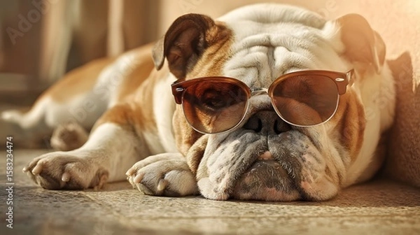 Obraz Cool Bulldog Relaxing: A cool bulldog dons sunglasses, lounging in the sun with an air of laid-back contentment and effortless charm. Captured in a moment of pure relaxation.