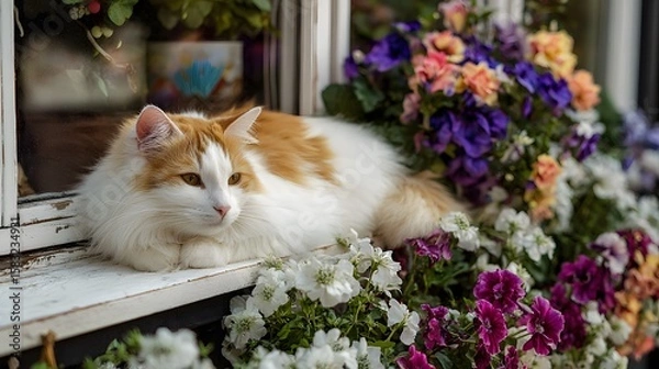 Obraz Cozy Cat in Floral Window: A serene cat relaxes on a windowsill amidst a vibrant array of colorful flowers. bathed in the natural light.