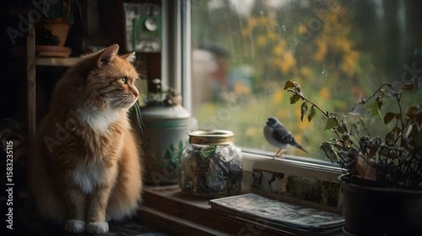 Obraz Cat and Bird at Window: A serene cat sits on a windowsill, captivated by a small bird perched just outside in the rain-kissed outdoors. A perfect cozy scene of contemplation and shared moment.