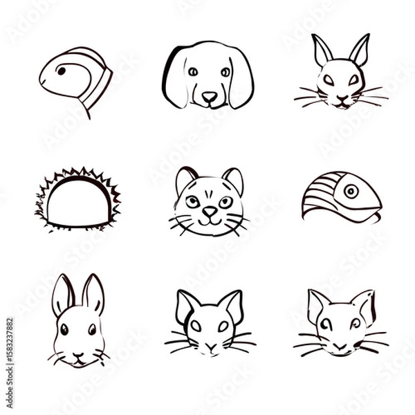 Fototapeta Hand Drawn Pet Faces Collection rabbit hedgehog