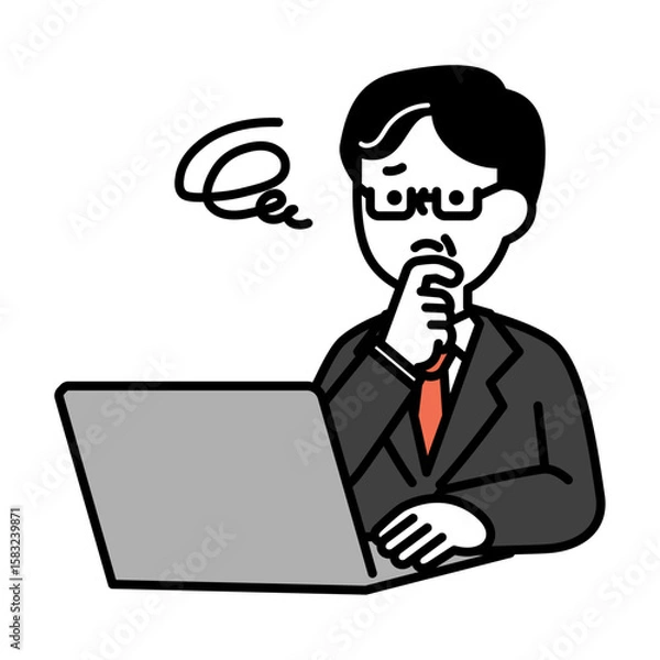 Fototapeta パソコンを操作しながら悩んでいるミドル・シニア世代男性のイラスト素材