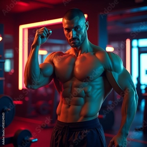 Fototapeta Muscular bodybuilder training with dumbbell lifting weights in gym