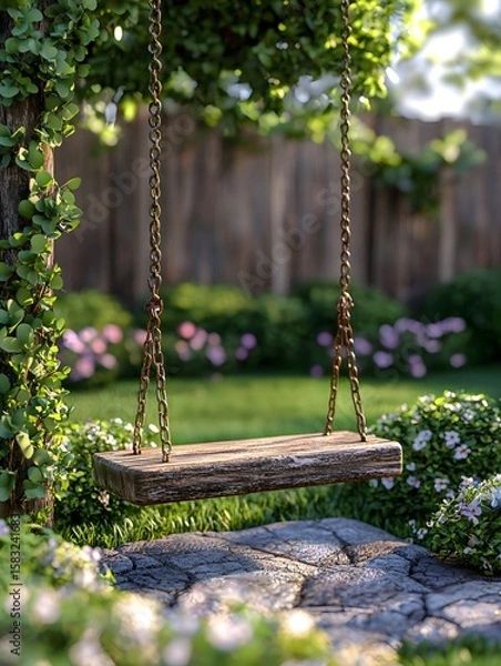 Fototapeta The swing hanging statically in the yard