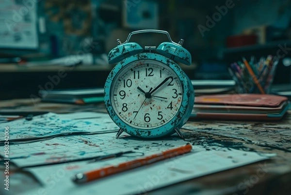 Fototapeta Exquisite alarm clock on the desk under soft light