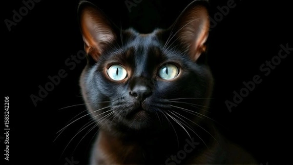 Fototapeta Elegant Dark Brown Cat with Captivating Blue Eyes Posing on Black Background, Pet Portrait, Feline Charm and Mysterious Elegance