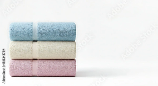 Fototapeta Stack of pastel colored rolled towels on white background