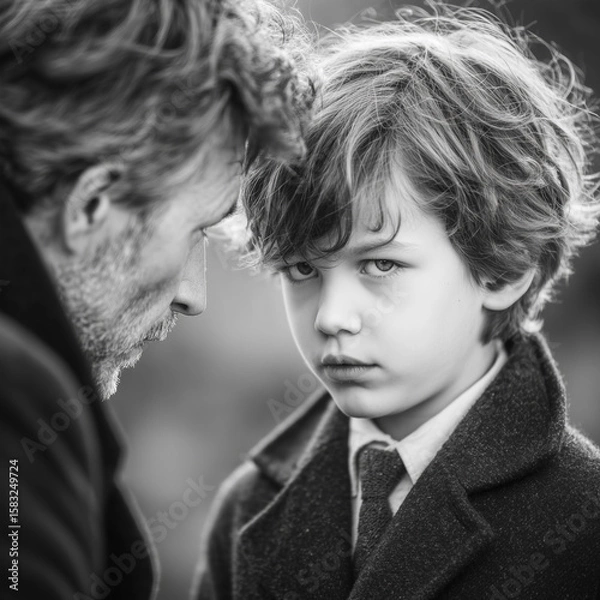 Fototapeta A man and a boy are standing next to each other. The boy is looking at the camera with a frown on his face. Scene is serious and tense