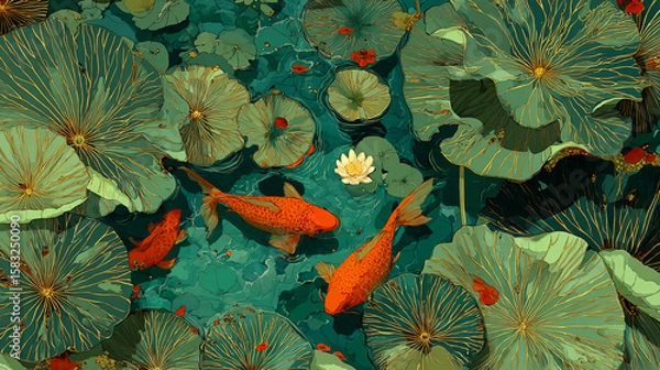 Fototapeta Abstract lotus pond with golden fish, top-down perspective