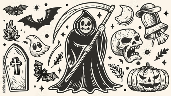 Fototapeta Illustration of halloween themed elements including grim reaper and pumpkin design vector