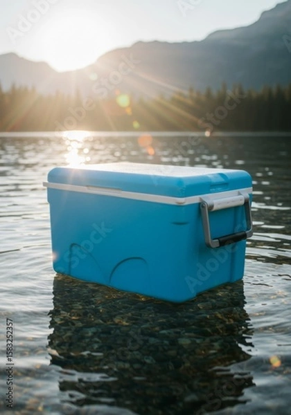 Obraz Blue Plastic Cooler Floating in Calm Mountain Lake at Sunset