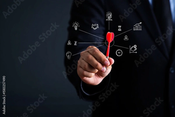 Fototapeta Businessman holding red dart with business icons image