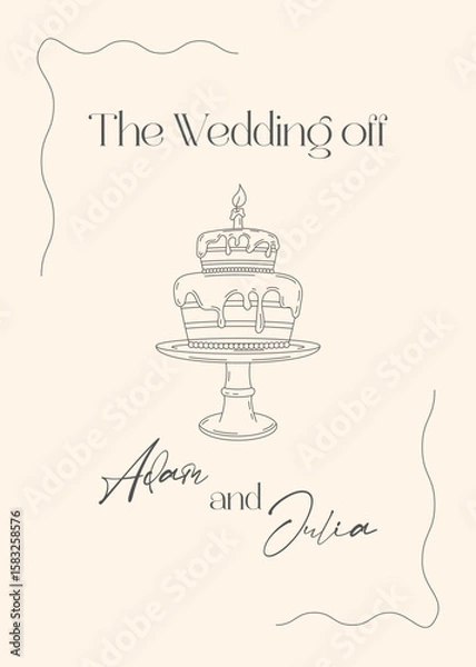 Fototapeta Elegant wedding invitation with hand-drawn cake and script typography. Minimalist beige design, perfect for romantic and vintage-themed wedding cards.