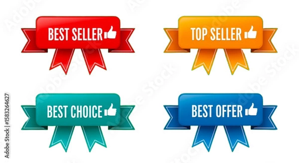 Fototapeta Four colorful promotional ribbon badges with thumbs up icons featuring 'Best Seller', 'Top Seller', 'Best Choice', and 'Best Offer' Vectpr