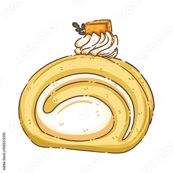 Fototapeta Hand-Drawn Vanilla Roll Cake with Cream and Topping