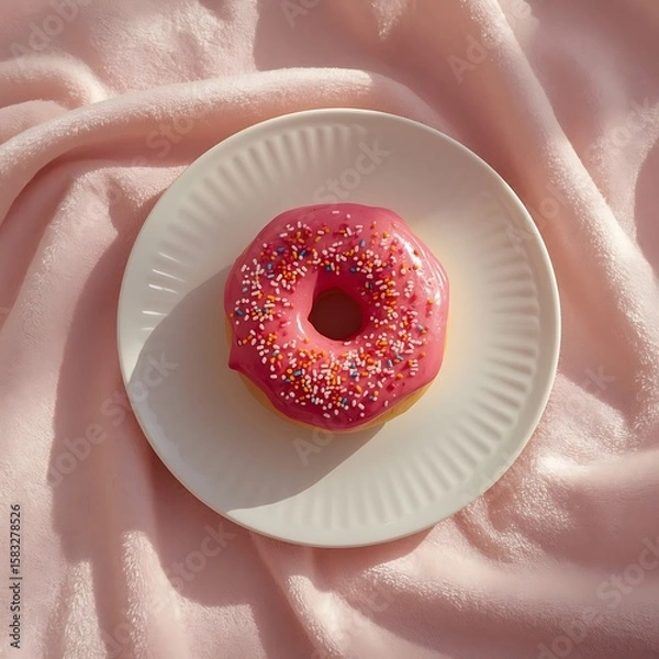 Fototapeta Delicious pink donut with colorful sprinkles rests on a white plate with a soft pink background, perfect for a sweet treat.