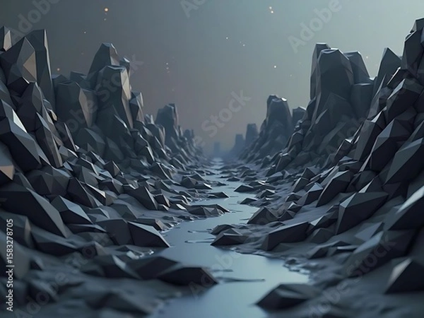 Fototapeta A stark, polygonal landscape shows a narrow river cutting through jagged, rocky cliffs under a soft, moody, overcast sky.