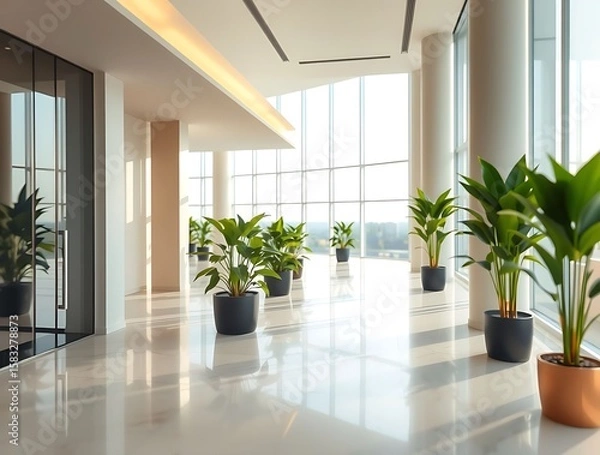 Fototapeta Bright, modern office space featuring greenery, large windows, and pristine marble floors, offering a welcoming atmosphere and contemporary design.