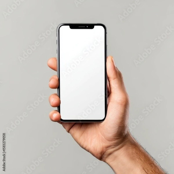 Fototapeta A man holding a phone with a blank screen