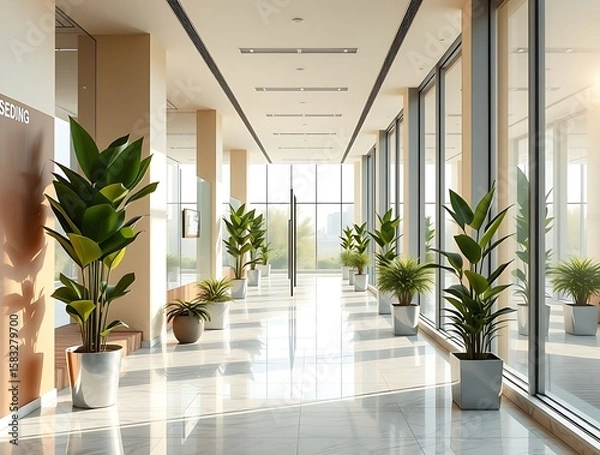 Fototapeta Modern interior with potted plants and large windows showcasing nature, creating a bright, elegant and tranquil atmosphere.