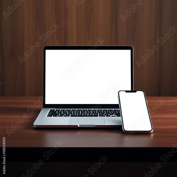 Fototapeta Modern laptop with blank screen alongside a sleek smartphone on a wooden desk showcasing technology