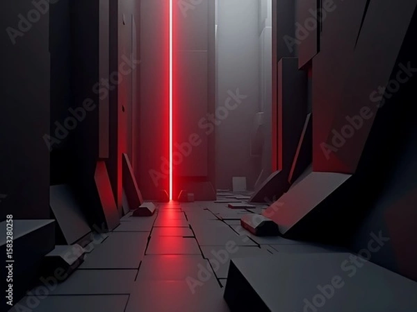 Fototapeta An abstract rendering of a futuristic corridor featuring a single vibrant red light, dark walls and tiled floor.
