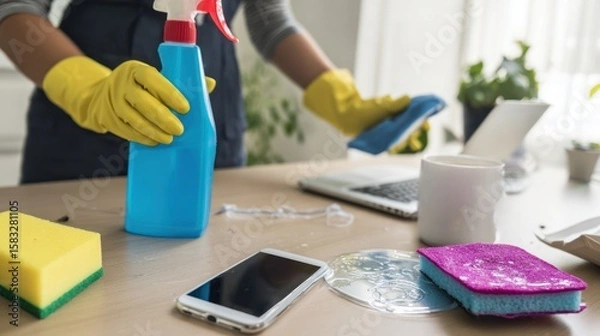 Obraz Cleaning Supplies and Tools on Desk with Laptop and Smartphone