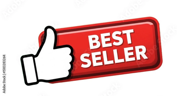Fototapeta Simple Red Best Seller Tag with Thumbs Up Vector - Clean 3D Badge Design for Online Store Marketing