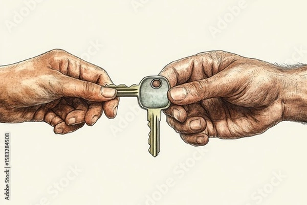 Fototapeta New tenant receiving a flat key from a realtor agent, marking the beginning of their new home journey, Generative AI
