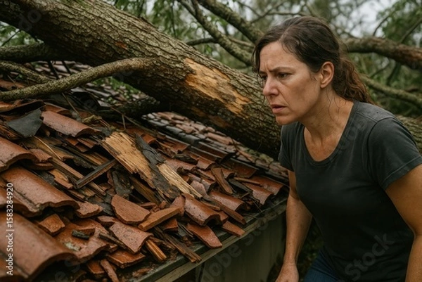 Fototapeta woman examines shattered roof tiles and branches inside her house after a huge tree crashed down during a violent storm