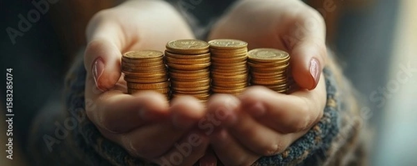 Fototapeta Close-up hands of a woman doing investment accounting for future wealth, making financial decisions to secure her financial future, Generative AI