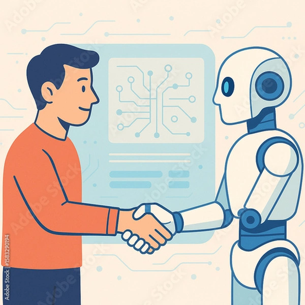 Fototapeta Al and Human Collaboration - Flat Illustration of Man and Robot Handshake