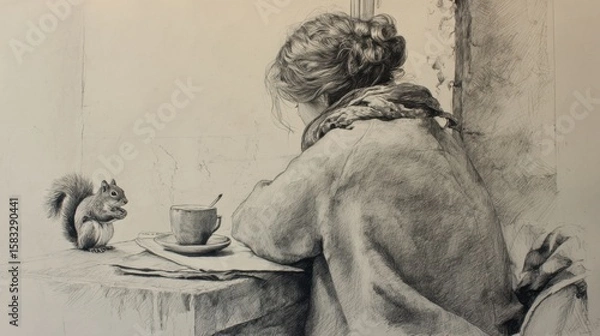Fototapeta A black-and-white pencil drawing depicts a woman sitting with her back turned at a table, drawing on a piece of paper, a cup of coffee on the table, and a squirrel watching her. 